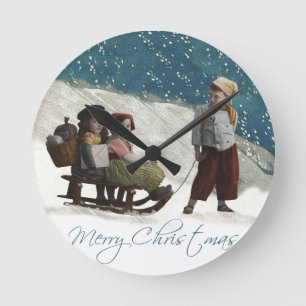Horloge Ronde Vintage Children Sledding