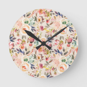 Horloge Ronde Vintage ivory pink brown watercolor rustic floral