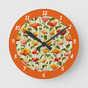 Horloge Ronde Vintage Poppy Flowers Orange Red Floral