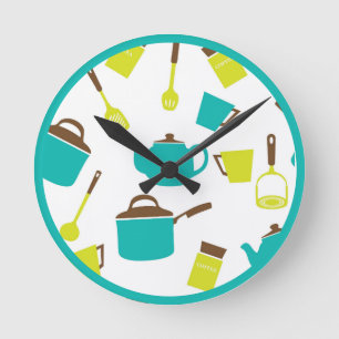 Horloge Ronde Vintage Retro Kitchen Utensils Teapot Pans
