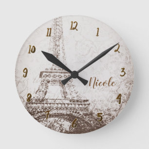 Horloge Ronde Vintage Retro Paris Eiffel Tower Personalized