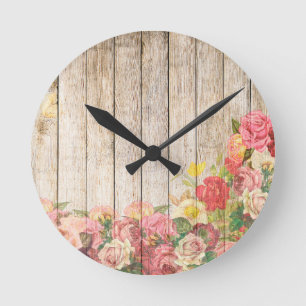 Horloge Ronde Vintage Russe Romantique Rose Bois