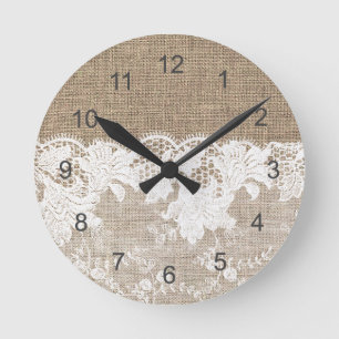 Horloge Ronde Vintage rustic country beige burlap and white lace
