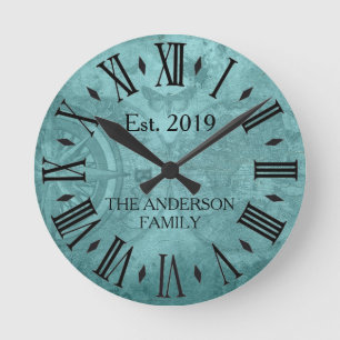 Horloge Ronde Vintage Rustique Nom de famille Carte du monde Chi
