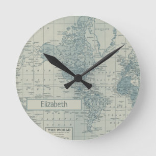 Horloge Ronde Vintage World Map customize your own name