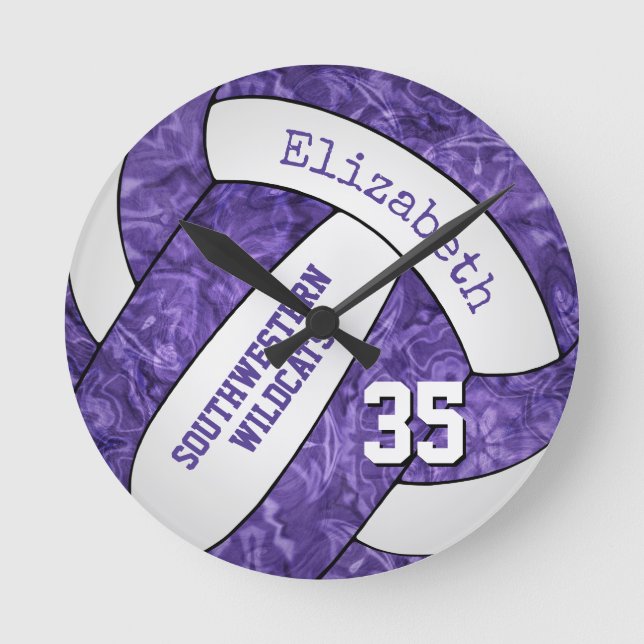 Horloge Ronde violet blanc personnalisé girly salle de volley-ba (Recto)