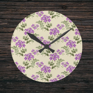 Horloge Ronde Violet doux Motif sur Pale Antique Jaune