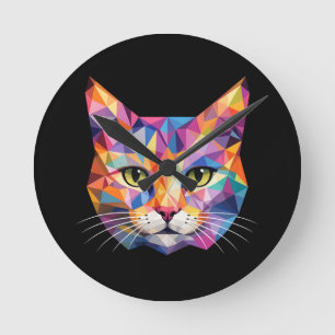 Horloge Ronde Visage de chat géométrique coloré Art triangulaire