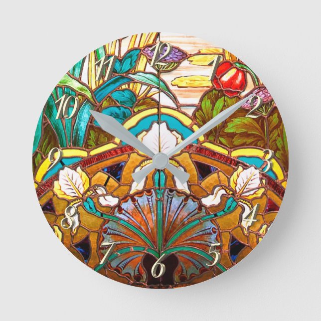 Horloge Ronde Vitrail Art nouveau fleuri (Recto)