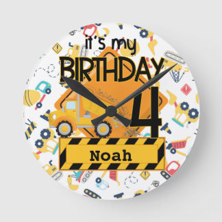 Horloge Ronde voiture camion de construction jaune 4e anniversai