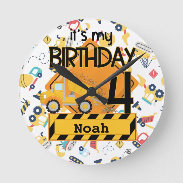 Horloge Ronde voiture camion de construction jaune 4e anniversai (Recto)