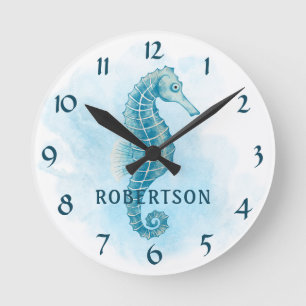 Horloge Ronde Watercolor Seahorse Ocean Beach Nom