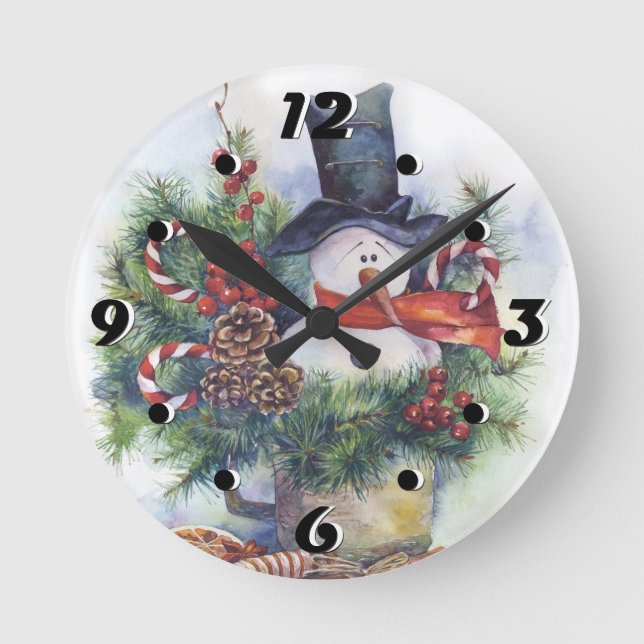 Horloge Ronde Watercolor snowman Christmas tree New Year winter (Recto)