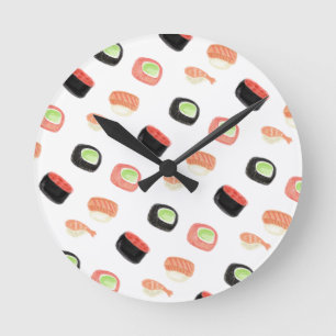 Horloge Ronde Watercolor Sushi Salmon Cucumber Rolls