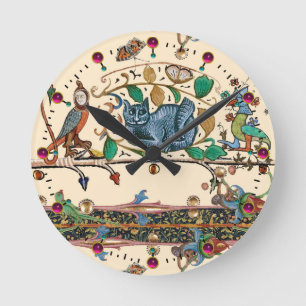 HORLOGE RONDE WEIRD MEDIEVAL BESTIARY HUNTER CAT,BIRD, FALCON