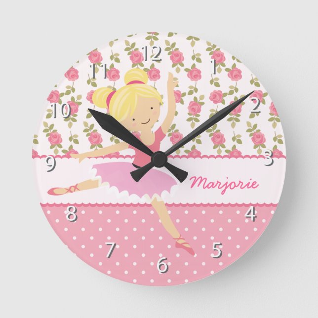 Horloge Ronde Whimsical Ballerina Floral Pink Girly (Recto)