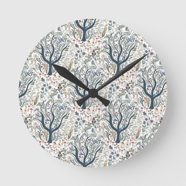 Horloge Ronde Whimsical Folk Art Forêt Tons Terre (Recto)