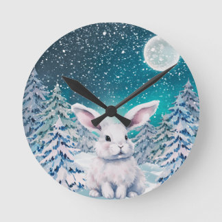 Horloge Ronde Winter Bunny in Snow Wall Clock