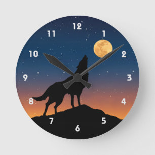 Horloge Ronde Wolf Howling avec Pleine lune Night Sky et étoiles