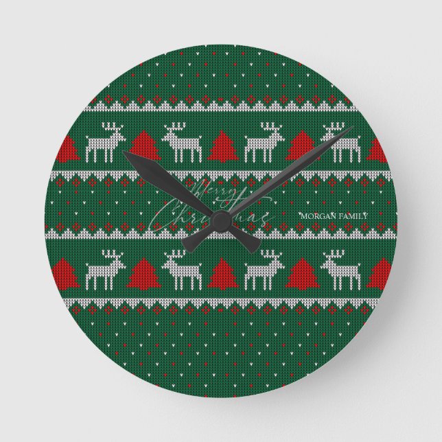 Horloge Ronde Wonderland d'hiver, pin de rennes vert (Recto)