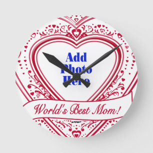 Horloge Ronde World's Best Mom! Photo Red Hearts