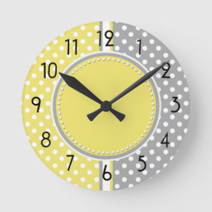 Horloge Ronde Yellow and Gray Polka Dots Clock