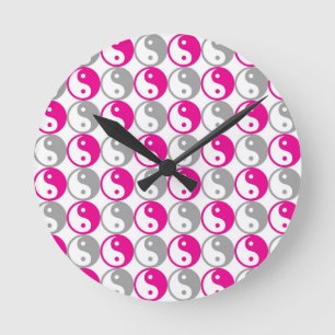 Horloge Ronde Yin yang gris et rose motif