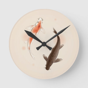 Horloge Ronde Yin Yang Koi pêche dans la peinture orientale de