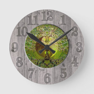 Horloge Ronde Yin Yang vert avec cadre en bois