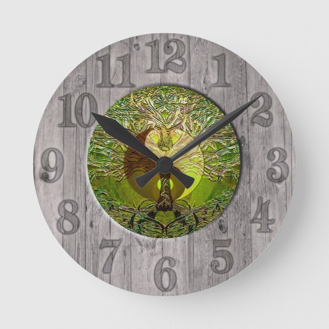 Horloge Ronde Yin Yang vert avec cadre en bois (Recto)