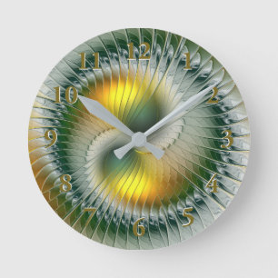 Horloge Ronde Yin Yang Vert Jaune Abstrait Fractal Coloré