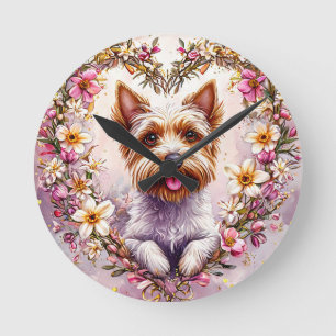 Horloge Ronde Yorkie adorable entouré d'une couronne florale