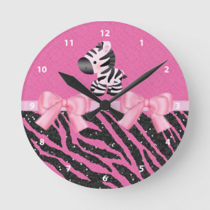 Horloge Ronde Zebra, Glitter & Bows Pink & Black Animal Print