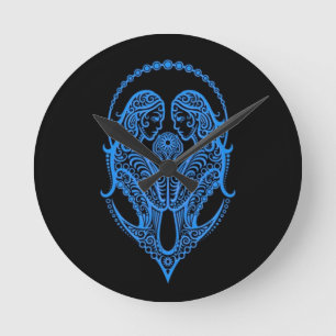 Horloge Ronde Zodiaque bleu complexe de Gémeaux sur le noir