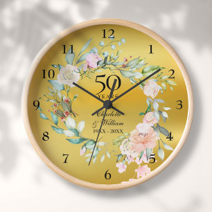 Horloge Roses Anniversaire de Mariage 50 ans Feuille d'Or