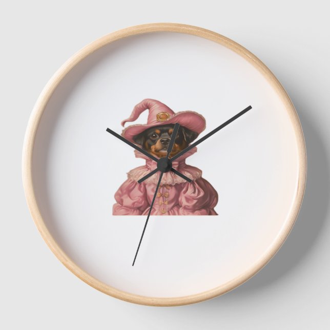 Horloge Rottweiler Chiot habillé en sorcière rose - Cute H (Recto)