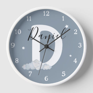 Horloge Round White Wood Frame Blue Nursery Wall Clock