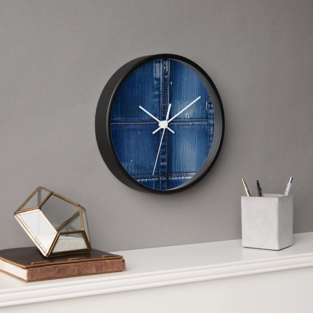 Horloge Rustic Indigo Denim & Copper Stitching Modern Wall (Bureau)