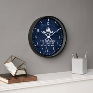 Horloge Rustic Lake House Bateau Arbres Bois Bleu Imprimer