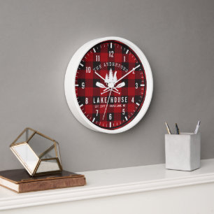 Horloge Rustique Country Lake House Tree Red Buffalo Plaid