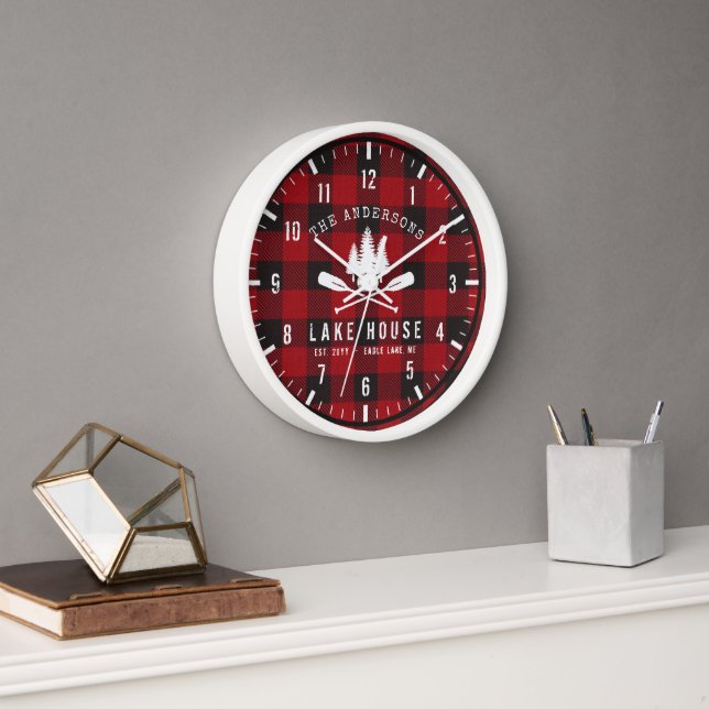 Horloge Rustique Country Lake House Tree Red Buffalo Plaid (Bureau)