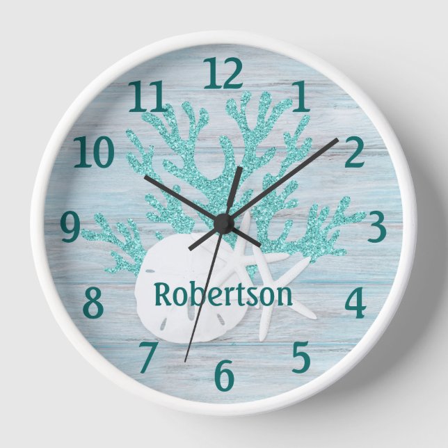 Horloge Sable Dollar Starfish Plage côtière Nom du bois (Recto)