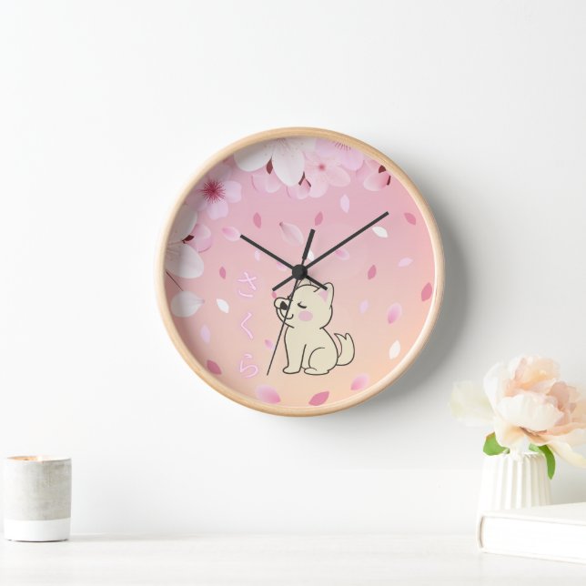 Horloge Sakura & Kawaii Dog with Japanese Hiragana さくら. (Maison)