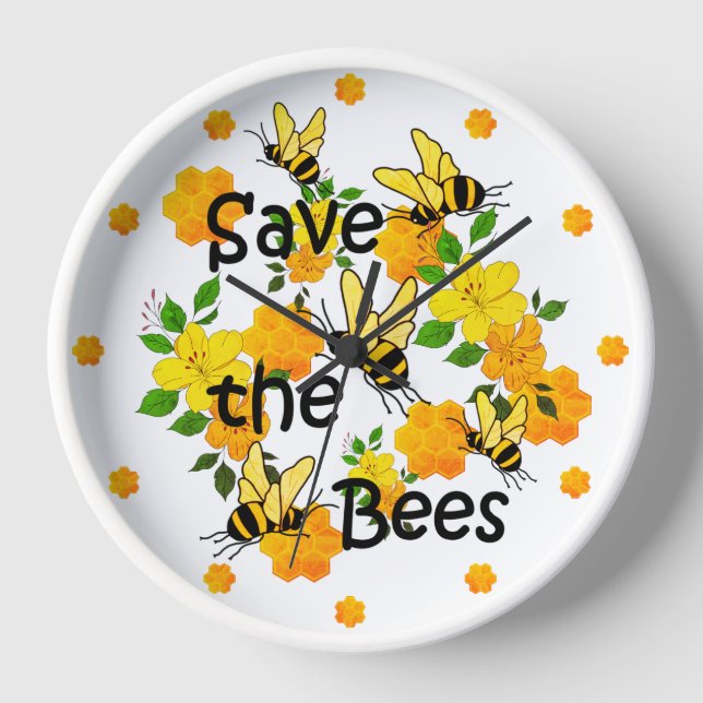 Horloge Sauvez les abeilles, Nid d'abeille et Fleurs Jaune (Recto)