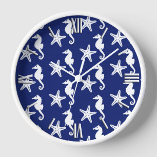 Horloge Seahorse & starfish - navy blue and white
