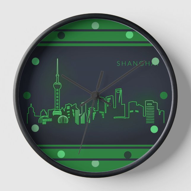 Horloge Shanghai Skyline Green Neon Look Cityscape Wall R (Recto)