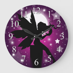 Horloge Silhouette de Fée Lune Violette et Étoiles