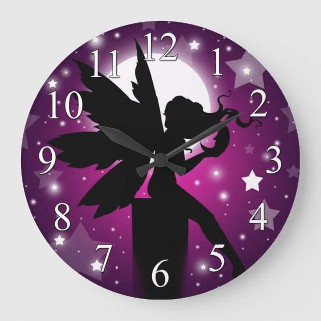 Horloge silhouette fée Lune violette et étoiles (Recto)