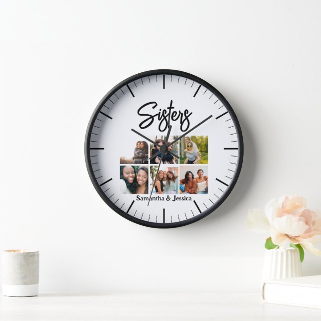 Horloge Sisters personnalisés Script 6 Collage photo (Maison)