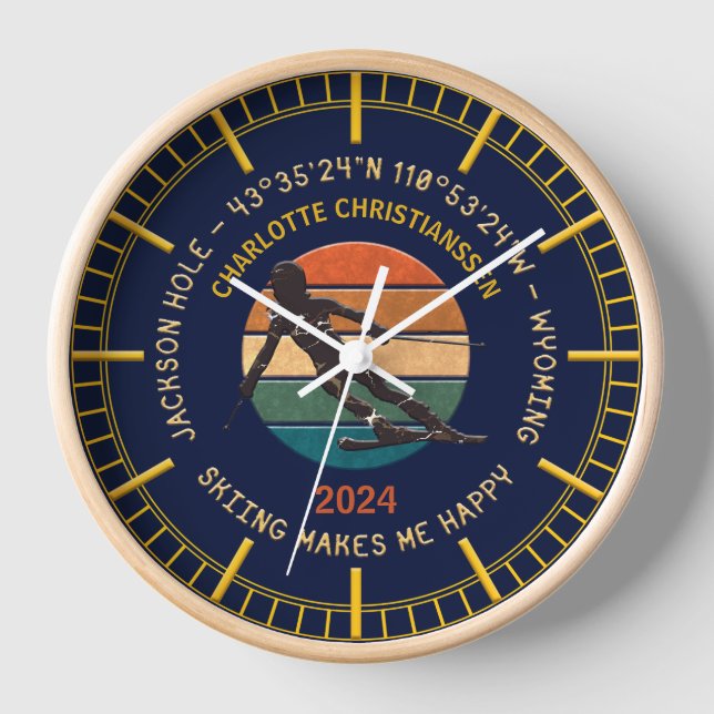 Horloge Ski Jackson Hole, Wyoming - Femme Skier Sur Noir (Recto)